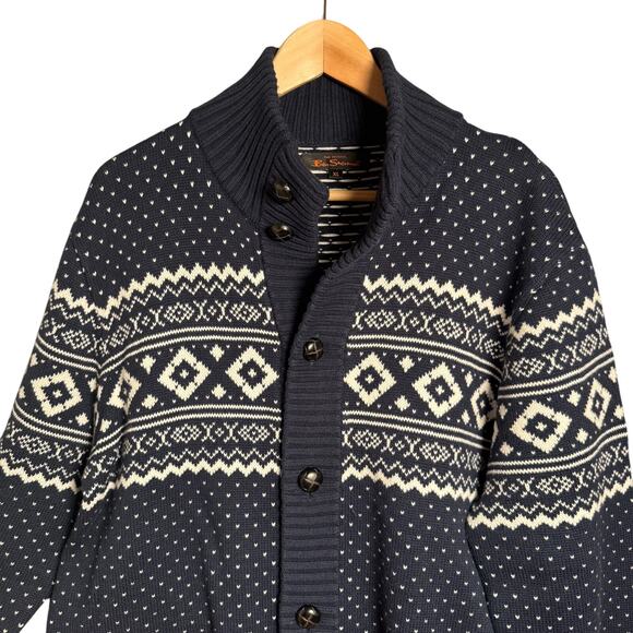 Ben Sherman Navy White Fair Isle Wool & Cotton Leather Button Cardigan Men’s L - Picture 2 of 14